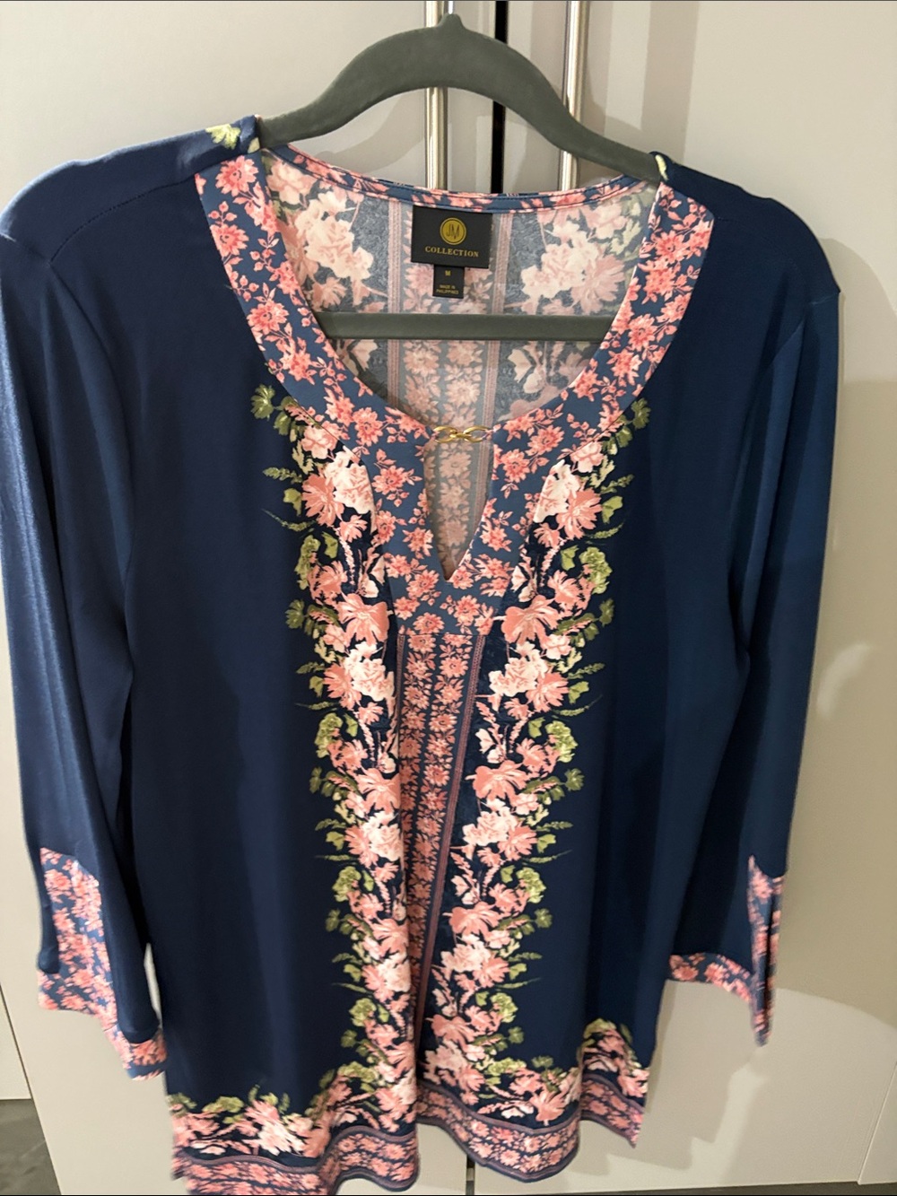 Collection B Navy Tunic with Pink Floral Trim